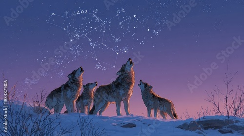 Three wolves standing in the snow with constellations in the sky
