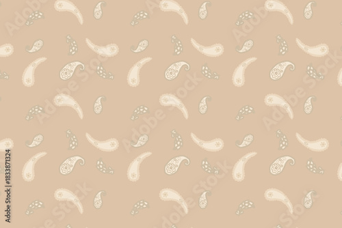 A subtle, elegant paisley pattern in light beige and soft white, ideal for luxury packaging, minimal apparel, and sophisticated wedding stationery.