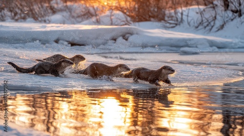 Two otters playing in the water