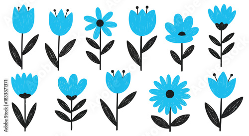 Set of cute blue crayon drawn flower