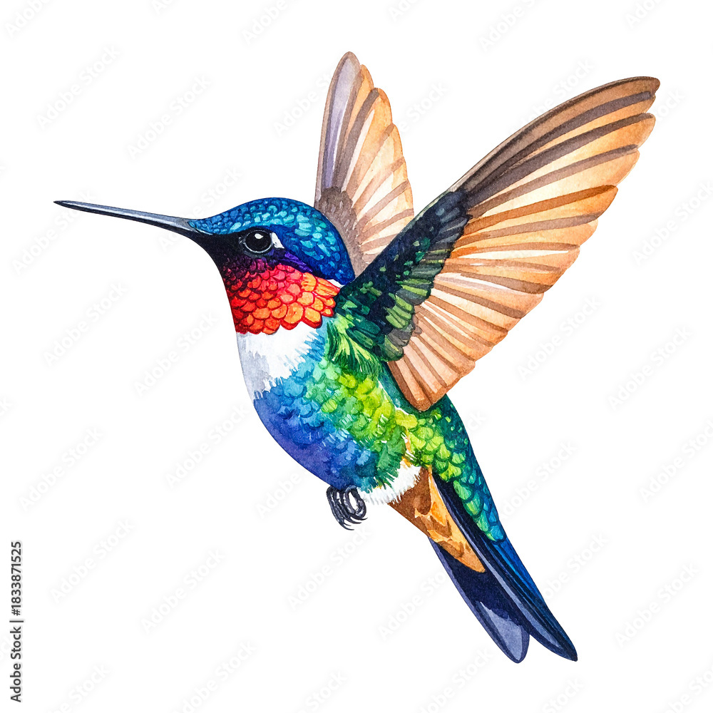 Fototapeta premium Hummingbird in Flight: A vibrant hummingbird displays its beautiful colors with feathers spread, caught in dynamic flight, showcasing the beauty of nature.