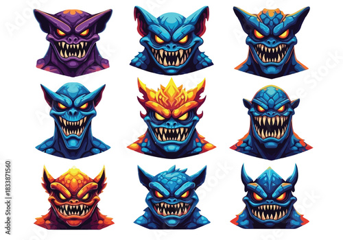 Collection of nine colorful monster head illustrations