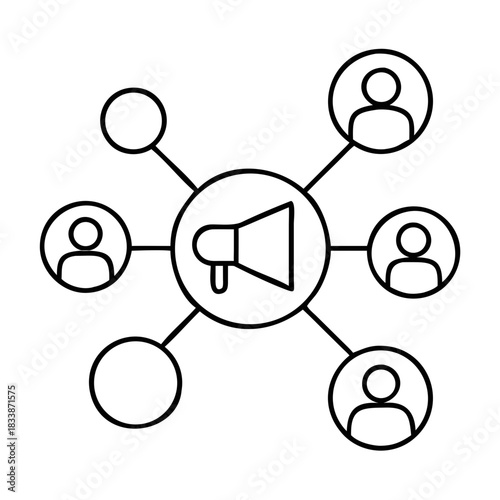 Megaphone connected to people and empty circles outline on transparent background