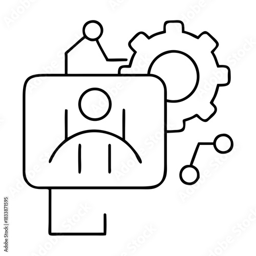 Outline of a person on a screen with a gear and circles on transparent background