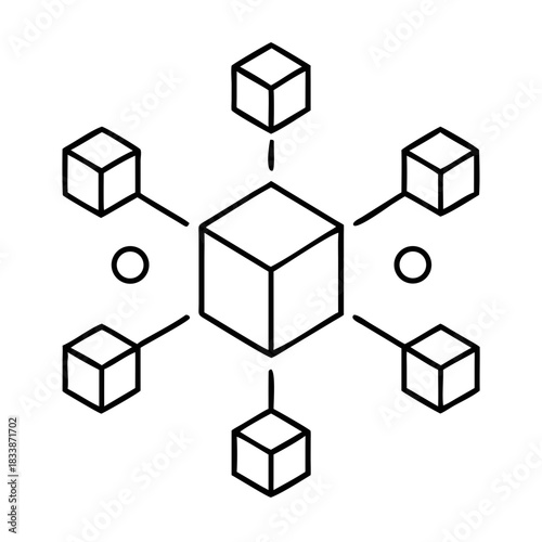 Network of cubes connected to a central cube with circles on transparent background