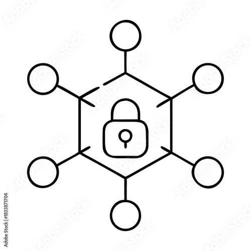 Lock inside a hexagon connected to circles by lines on transparent background