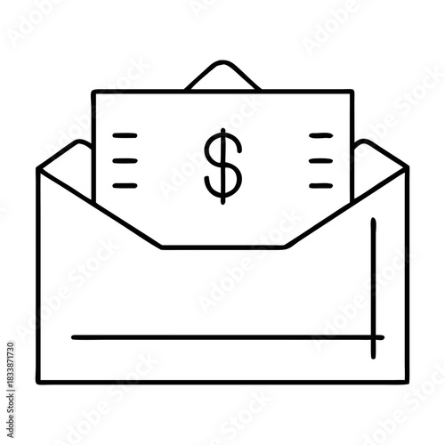 Outline drawing of an envelope with a dollar bill inside on transparent background