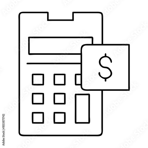 Outline illustration of a calculator with a dollar sign on transparent background