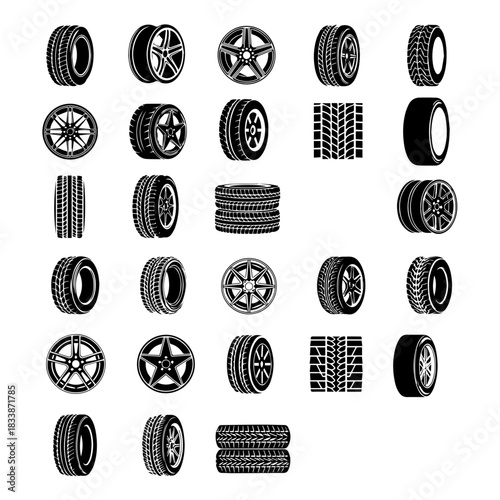 Tires, wheel disks auto service silhouette pack set