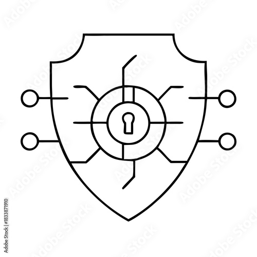 Outline shield with keyhole and network connections icon on transparent background