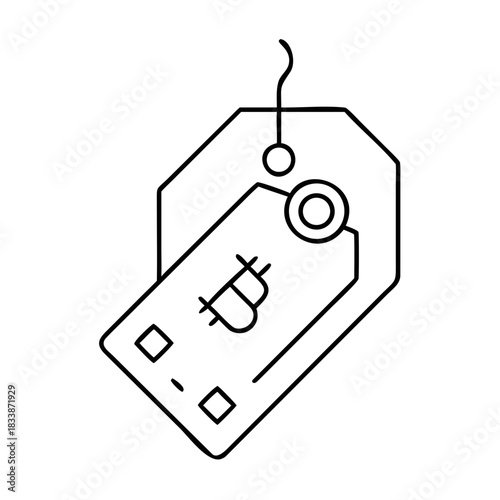 Bitcoin symbol on a card hanging from a price tag hook on transparent background