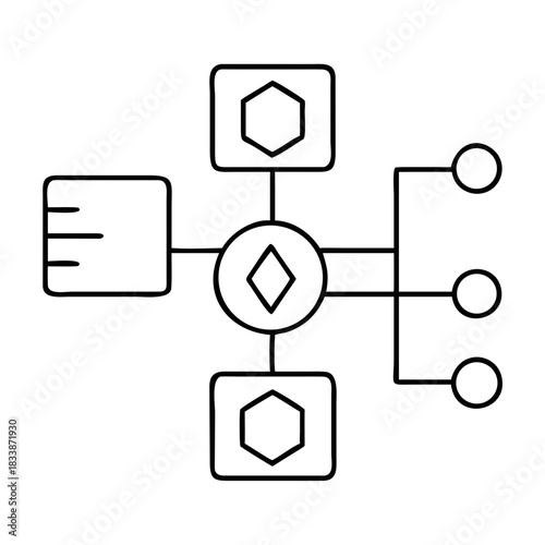 Outline diagram with shapes connected by lines in white on transparent background