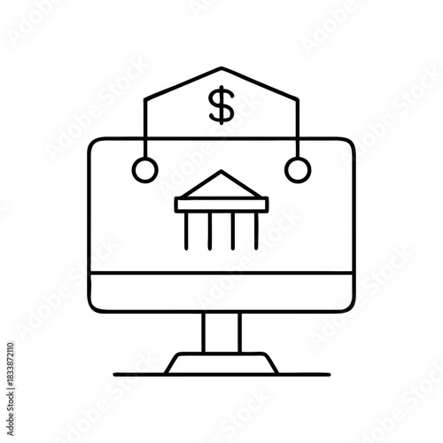 Computer screen displaying a bank icon and dollar sign on transparent background