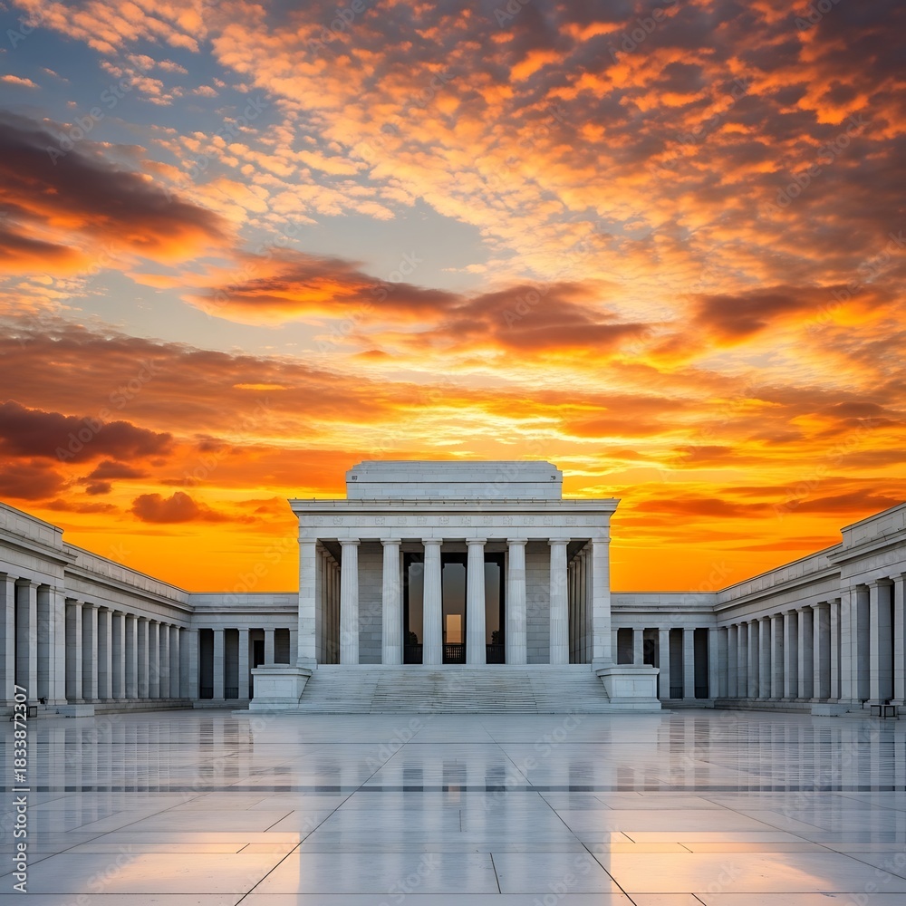 Obraz premium Lincoln memorial at dusk with a vibrant orange and blue sky above