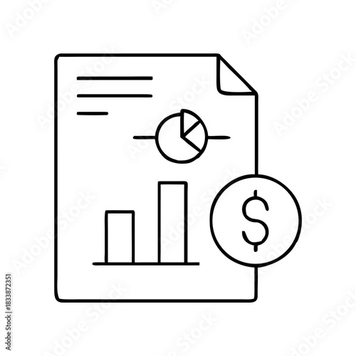 Document with charts and a dollar sign in black and white on transparent background