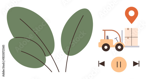 Forklift moving package, green leaves, location marker, and playback buttons. Ideal for eco-friendly logistics, sustainability, delivery, supply chain technology nature environment. Clean simple