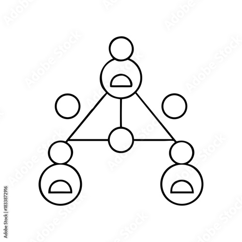 Network of three people connected to a central node icon on transparent background