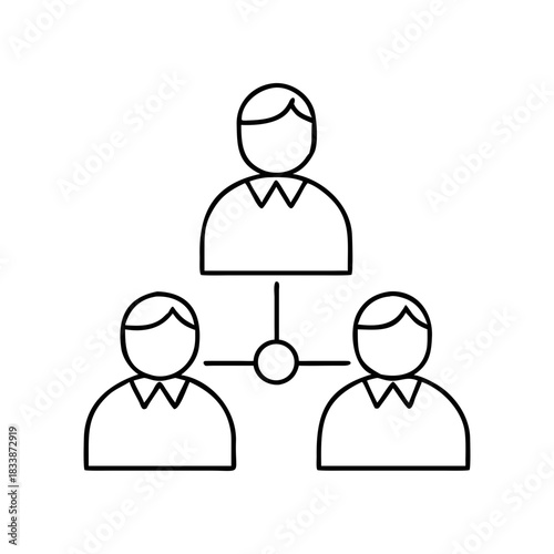 Network of three people connected to a central node icon on transparent background