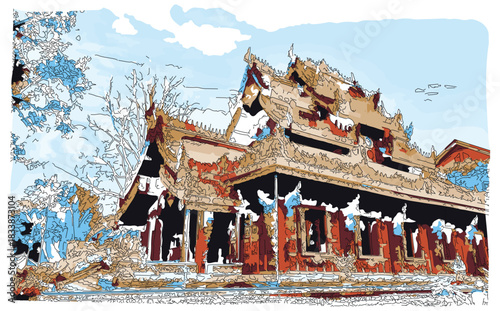  Sketch-style impressionnist painting,Ancient wooden Buddhist church in northern Thailand,Digital illustration vector image 