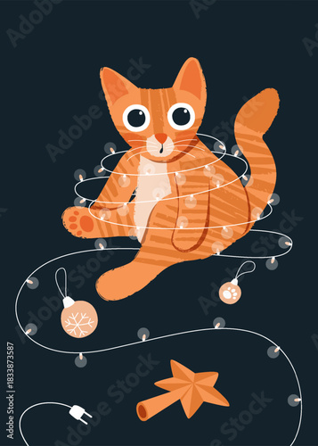 A postcard with a mischievous kitten. The kitten is tangled in a garland. Flat style vector illustration on a dark background.