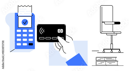 Contactless payment, modern workspace, online shopping, financial technology, e-commerce, remote work. A hand holds a credit card near a card reader. Contactless payment and modern workspace concept
