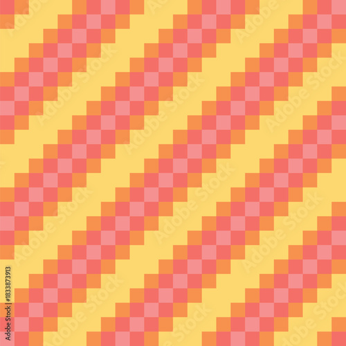 Diagonal lines of overlapping coral-pink, coral and orange squares on a yellow