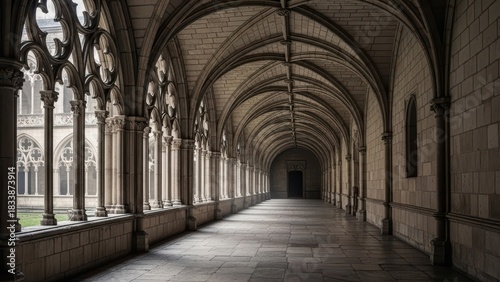 Gothic cloister architecture with arched hallway and ornate columns
