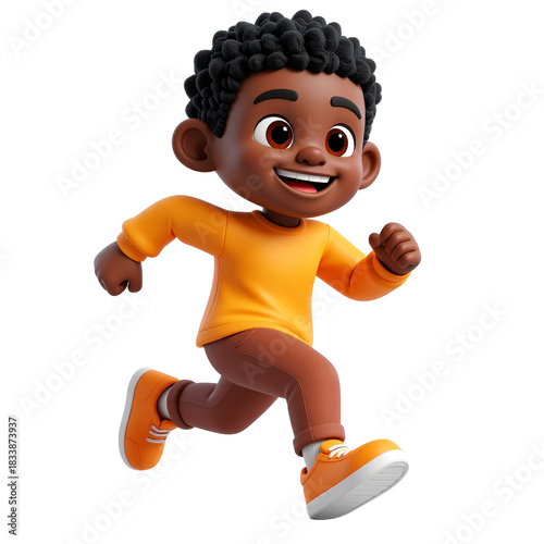 Energetic child cartoon character: A cheerful cartoon child races forward with boundless energy, his eyes sparkling with delight. Capturing the spirit of youth and motion. 
