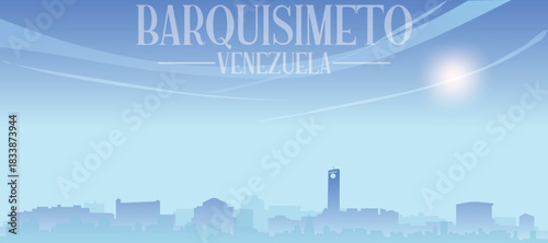 Blue panoramic poster of the city skyline with misty background buildings and clouds of BARQUISIMETO, VENEZUELA