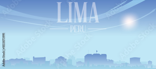 Blue panoramic poster of the city skyline with misty background buildings and clouds of LIMA, PERU