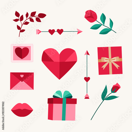 Red and Green Love Elements Clipart — Hearts, Roses and Gifts