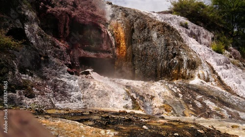 Colorful geothermal rock waterfall New Zealand