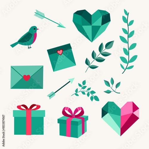 Teal and Mint Love Elements Clipart — Hearts, Gifts and Envelopes