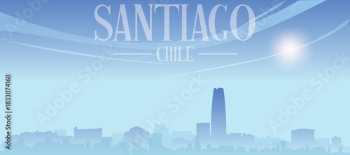Blue panoramic poster of the city skyline with misty background buildings and clouds of SANTIAGO, CHILE