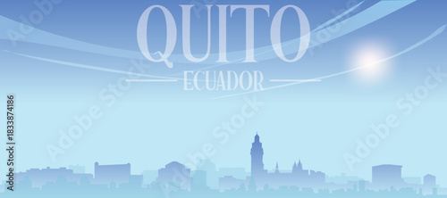 Blue panoramic poster of the city skyline with misty background buildings and clouds of QUITO, ECUADOR