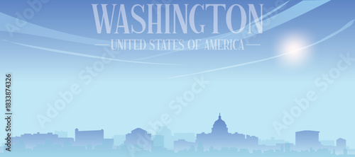 Blue panoramic poster of the city skyline with misty background buildings and clouds of WASHINGTON, UNITED STATES