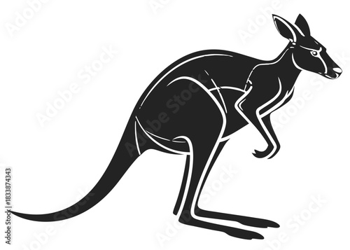 Stylized black kangaroo with white highlights on a black background
