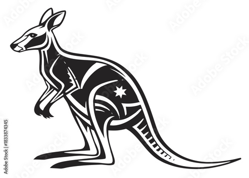 Stylized black kangaroo with white abstract markings on a black background