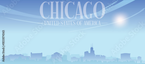 Blue panoramic poster of the city skyline with misty background buildings and clouds of CHICAGO, UNITED STATES