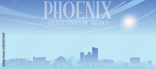 Blue panoramic poster of the city skyline with misty background buildings and clouds of PHOENIX, UNITED STATES