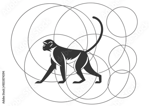 Stylized dark monkey silhouette walking amidst abstract geometric circles