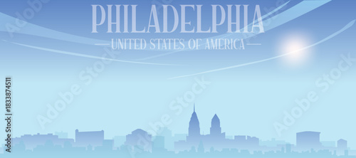 Blue panoramic poster of the city skyline with misty background buildings and clouds of PHILADELPHIA, UNITED STATES
