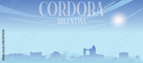 Blue panoramic poster of the city skyline with misty background buildings and clouds of CORDOBA, ARGENTINA