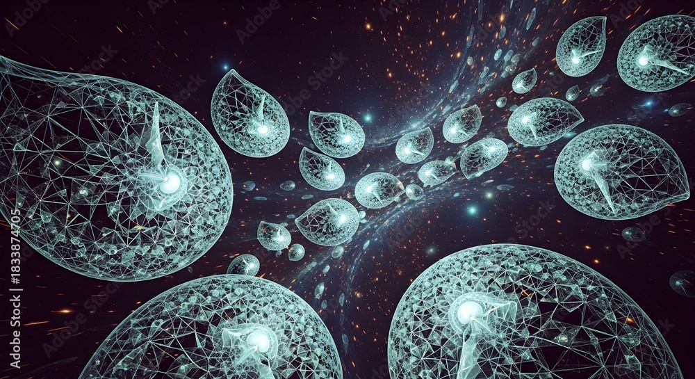 Naklejka premium Abstract cosmic journey through ethereal glowing nebulae and celestial bodies