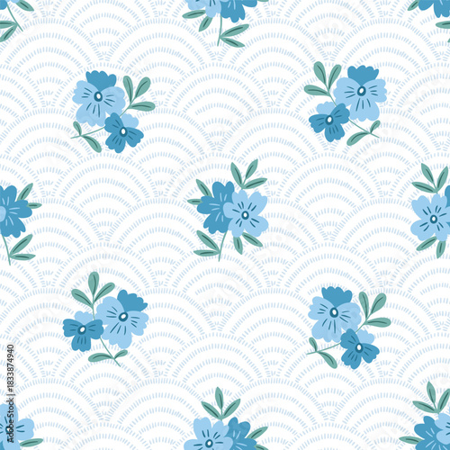vector boho floral seamless pattern in asian style. Hand drawn flowers on chinese sea background. Stylish ethnic print design for fabric or wallpaper.
