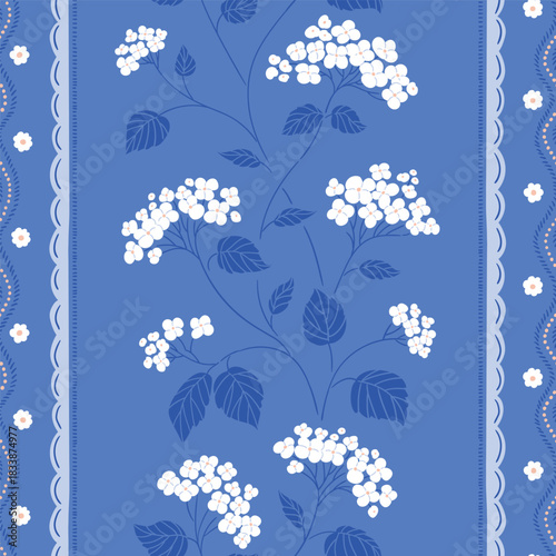 Vector hydrangea seamless pattern in vintage style. Delicate floral garden on blue background. Stylized hydrangea flowers print design for fabric or wallpaper.