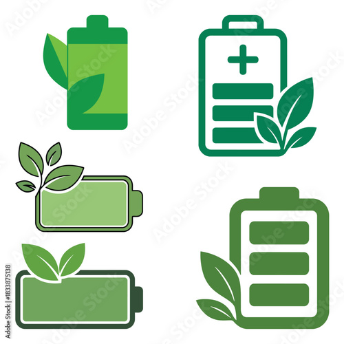 Eco Friendly Battery Icon Set with Green Leaves – Sustainable Energy Vector Illustration