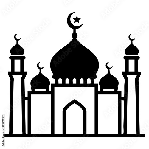 vector mosque silhouette icon with domes and minarets, Islamic Ramadan theme