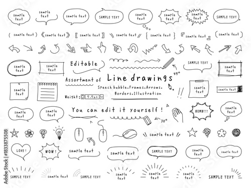編集可能な線画のふきだしやフレーム、飾り罫、イラストの詰め合わせ