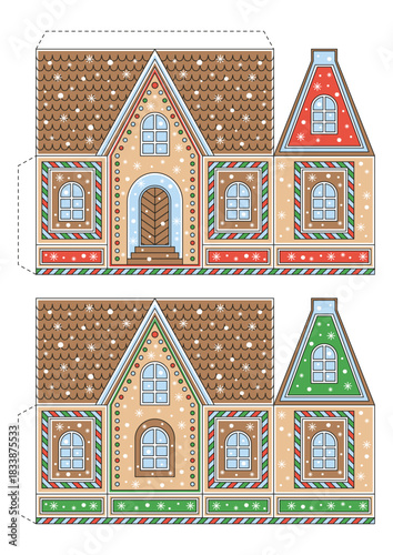 Christmas gingerbread house. Cut and glue, paper game for kids. Papercraft, preschool worksheet activity. Vector illustration for Christmas decor. 